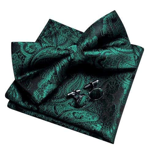 Image of YOHOWA Mens Bow Tie Set Paisley Pre-tied Bowties Adjustable with Handkerchief Cufflinks Gold Ring Set Wedding Prom Party