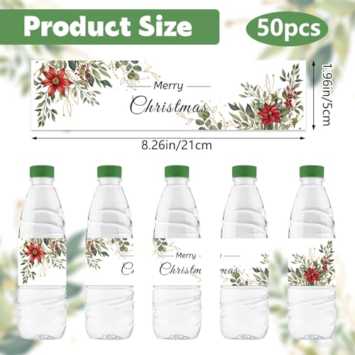 URROMA 50Pcs Merry Christmas Water Bottle Labels Red Christmas Flower Water Bottle Stickers Waterproof Drinks Wrappers for Christmas Party Favors Decor - Image 2