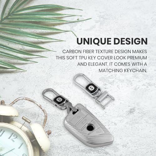 Image of Keyzone Silverstar TPU Key Cover & Keychain Compatible for X1, X3, X6, X5, 5 Series, 6 Series, 7 Series 4 Button Smart Key (Silver)