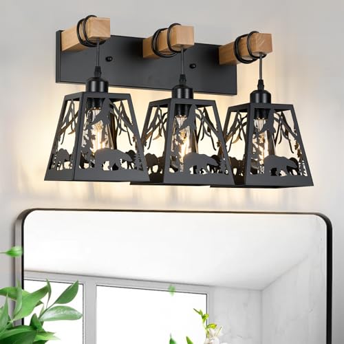 Image of Rustic Bathroom Light Fixtures, 3-Light Farmhouse Vanity Lamp with Bear Design and Wooden Frame, Wall Lighting for Bathroom, Hallway, Kitchen, Porch