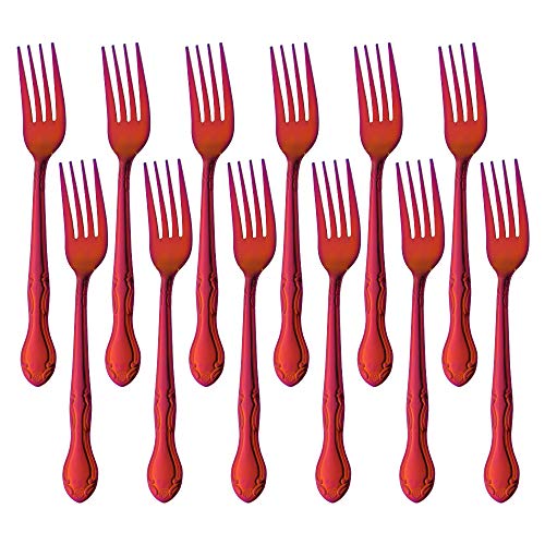 QIBOORUN Stainless Steel Kitchen Dinner Forks 12-Piece Dinner Fork Set 73-inch Stainless Steel Forks Classic Flatware Silverware Sets Cutlery Utensils Dinnerware with Flower Edge -Red