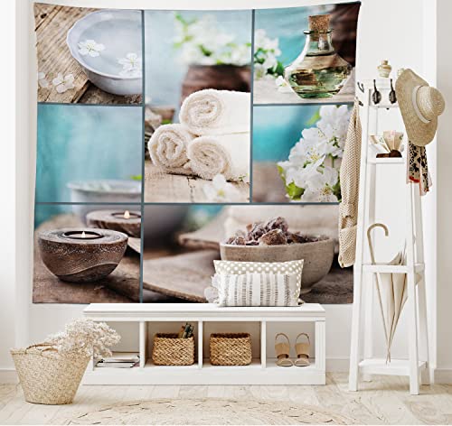 Ambesonne Spa Tapestry, Far East Close to Your Heart Massage Theme Collage Oils Candles Flowers Print, Wide Wall Hanging for Bedroom Living Room Dorm, 60" X 40", Blue and White
