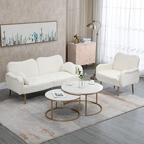 Homtique Teddy Fabric Loveseat & Accent Chair 2 Piece Set, Modern Upholstered Living Room Sofa Set, Convertible Sleeper Sofa and Armchair with Gold Metal Legs, for Bedroom, Apartment, Office, White 2