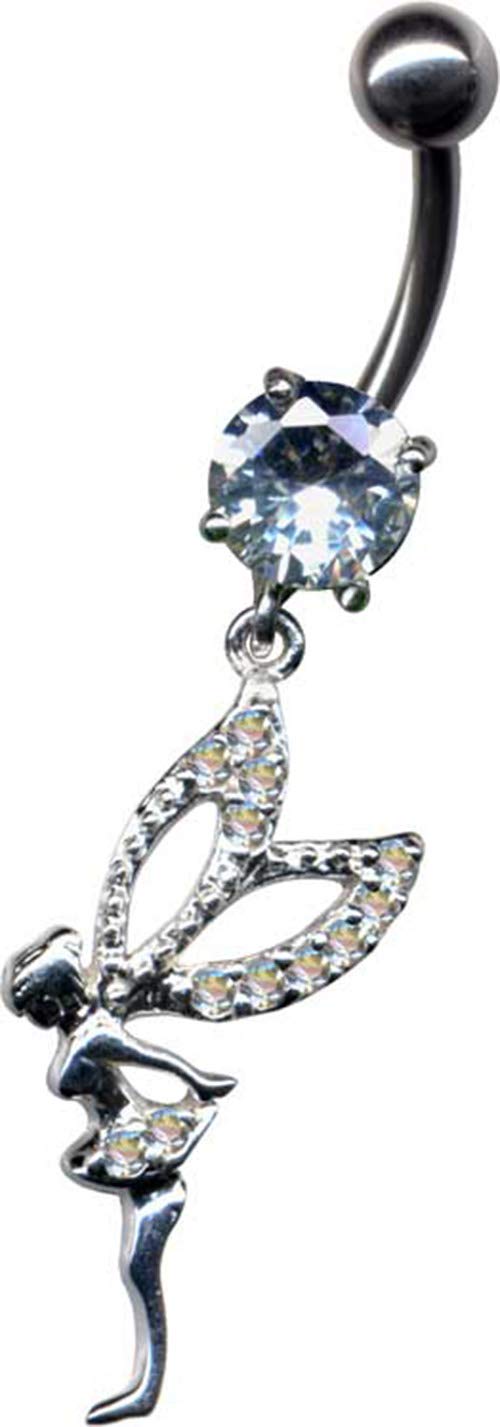 Piercing para el ombligo, plata de ley 925 y circonita, cristal de acero quirúrgico 316L, plátano, piercing para el ombligo, 1,6 x 10 mm, alas de hada elfe, niña, color blanco