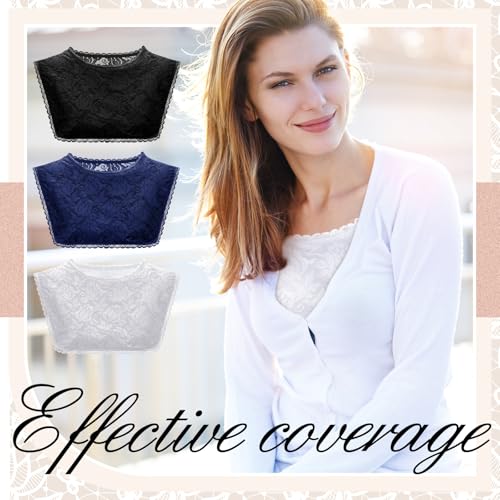 Image of Skicuff 3 Pcs Lace Cleavage Cover up for Low Neckline Fake Collars for Women Modesty Inserts for Low Cut Dresses Crew Collar