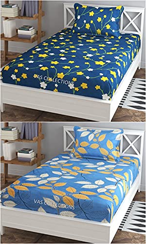 VAS COLLECTIONSGlace-Cotton Single Bedsheet Combo (Pack of 2) | Supersoft 160 TC - Set of 2 bedsheet with 2 Pillow Cover - Breathable & Wrinkle Free - 4 Pcs Set | Cream & Blue