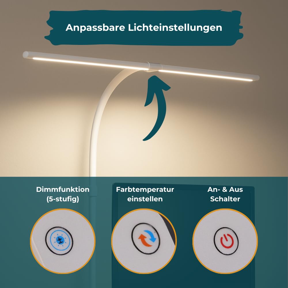 LUXULA LED Doppelkopf Schreibtischlampe, klemmbar, dimmbar, 5 Farbtemperaturen, flexibel einstellbar, 24W, 800lm, weiß - Tischleuchte Bürolampe Monitorlampe Büro Arbeitsplatz