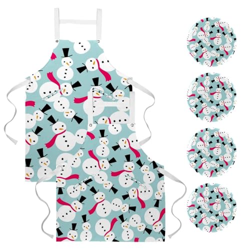 Tablier de cuisine bonhommes de neige avec écharpe lot de 2 pièces avec 4 broches de fixation