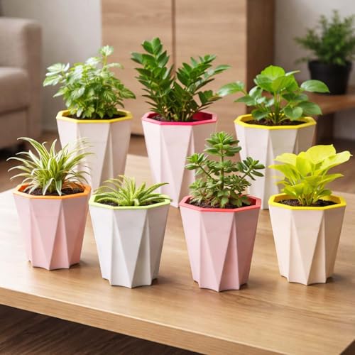 Image of Go Hooked Self Watering Plant Pot (4inch, Pack of 7) | Assorted Plastic Flower Pot with Inner Drainage Insert | Geometric Designer Planter for Indoor Plants, Succulents, Home Decor & Office Table Use
