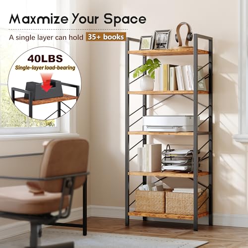 Image of DurayLoly 2 Pieces 5 Tier Bookshelf for Narrow Space, Rustic Brown | Small Space Dwellers , Sidebars and Metal Frame