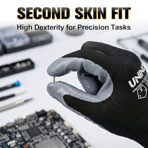 UNINOVA 13 Gauge Smooth Nitrile Coated Work Gloves, Lightweight Thin Safety Utility Gloves,Non-Slip Abrasion-Resistant for Assembly, Inspection, Warehouse, DIY & General Handling 12 Pairs Large