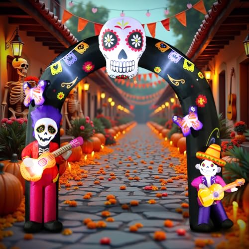 DomKom Halloween Inflatable Blow Up Decorations Archway Dia de Los Muertos 8FT Day of Dead Arch with Skull Skeleton Built-in LEDs for Holiday Party Garden Lawn Yard Patio Dcor