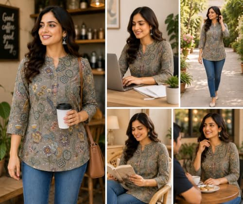 Image of Women's Floral Printed Cotton Kurti Summer Cotton Tunic Top for Girls