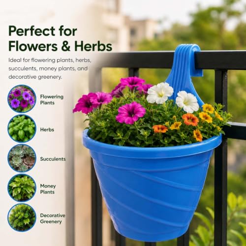 Image of Amazon Brand - Umi Hanging Planter Pots for Railing Pack of 20 | Plastic Twister Hook Flower Pots for Fence, Grill & Balcony (Multicolor, 15x8x19cm) Decorative Planters for Home Garden Decor