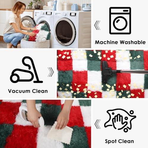 Image of KICMOR Round Christmas Rug 4ft Red Green White Circle Area Rug, Fluffy Soft Fuzzy Shag Shaggy Bedroom Living Room Carpet, Indoor Checkered Circular Rugs for Kids Boys Girls Home Decor Aesthetic