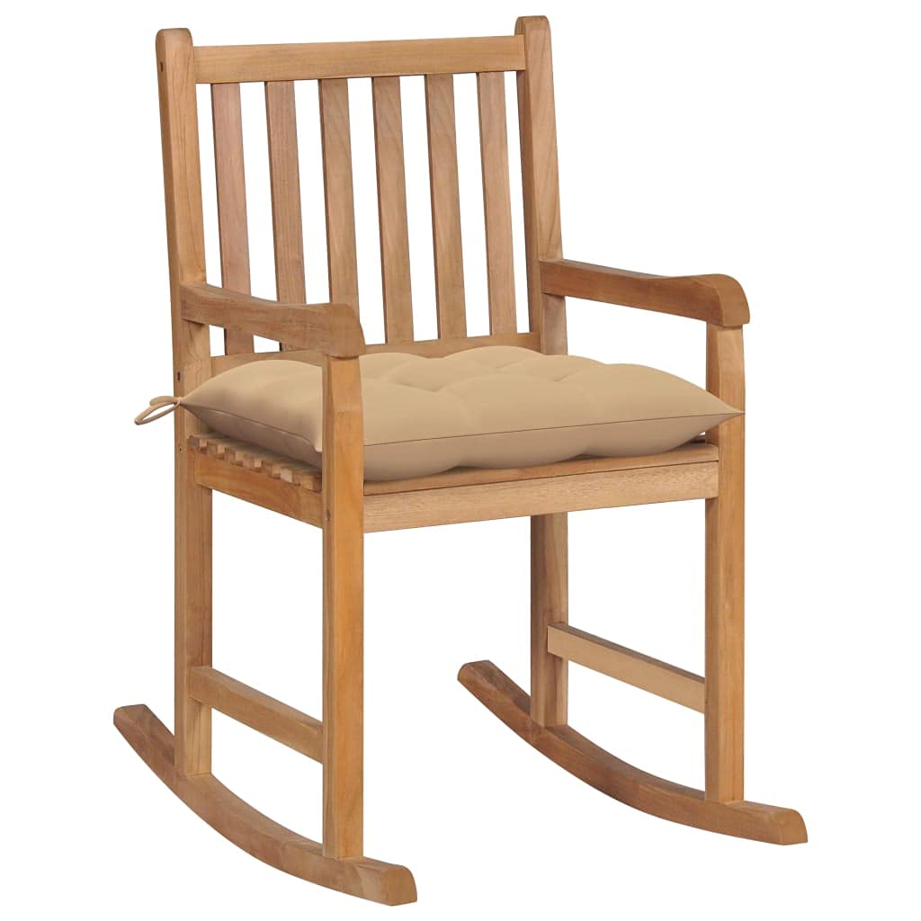Sedia a dondolo rustica in legno massello, per esterni, soggiorno, camera da letto, terrazza, balcone, con comodo cuscino beige rimovibile in legno massello teak