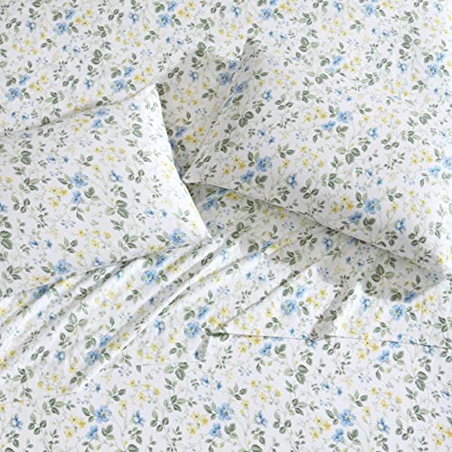 Image of Laura Ashley - Queen Sheet Set, Buttery-Soft Bed Sheets with a Naturally Silky Smooth Cotton Sateen Lightweight Feel - Matching Pillowcases & Fitted Sheet (Meadow Floral Blue)