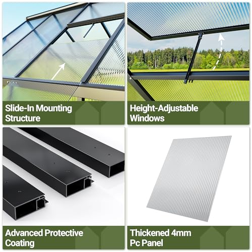 4x6 FT Greenhouse for Outdoors, Polycarbonate Greenhouse with Quick Setup Structure and Roof Vent, Aluminum Large Walk-in Green House for Outside Garden Backyard, Black