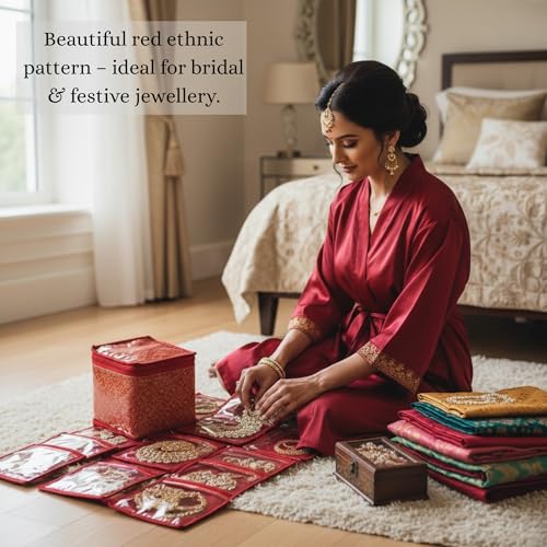 Image of Satin Red Jewellery Box Vanity Bag with 10 Pouches | Necklace, Bangle, Ring & Accessories Organizer for Women | Compact Travel Storage Solution