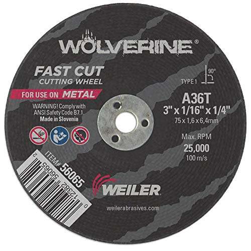 Image of Weiler 56065 3-Inch Cutting Wheel, Wolverine AO Steel /Metal Fast Cut, Value Cutting, 1 /16 inch A36T Type 1 1 /4 inch Arbor (Pack of 100)