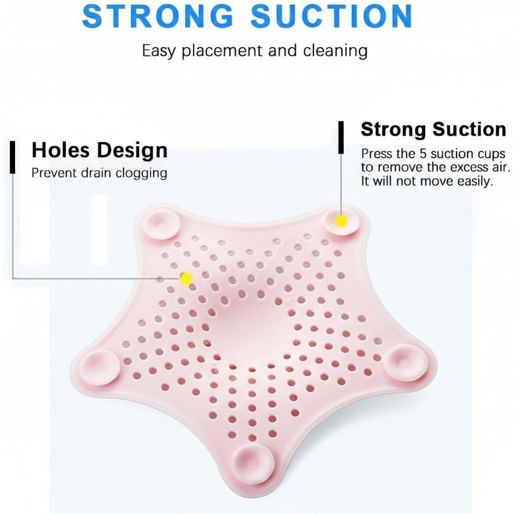 Drain Hair Catcher 3 Pack - Star Shaped Silicone Drain Cover with Strong Suction Cups - Kitchen Bathroom Shower - Prevents Clogs - 5.9 Inch (Pink) - 4
