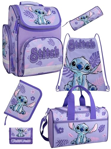 Familando - Schulranzen Set - 6-teilig mit Sporttasche - Disneys Lilo und Stitch - Ergonomisch, stabil & mit gepolstertem Rücken - 930g leicht - 15L Volumen - Mit Reflektoren - 1. Klasse