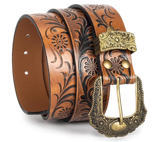 Vintage Western Belts for Women Cowgirls Belt with Floral Carved for Jeans Pants Dresses