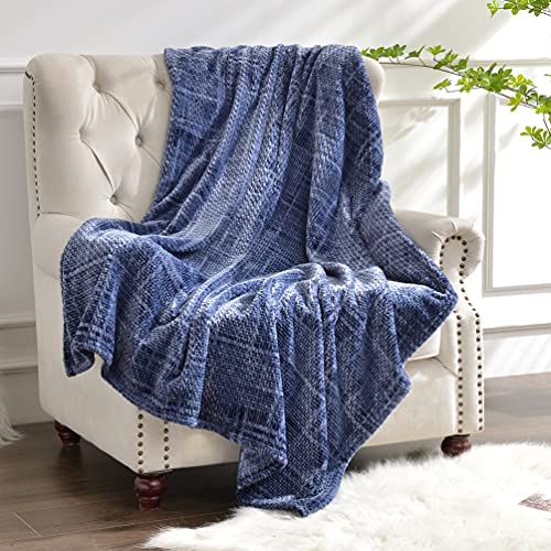 Flannel Fleece Throw Blanket, 400gsm Jacquard Weave Soft Plush Velvet Flannel Blanket for All Seasons, Lightweight Cozy Warm Comfy Bed Couch Car Office Throw Navy Blue, 50x60 inches