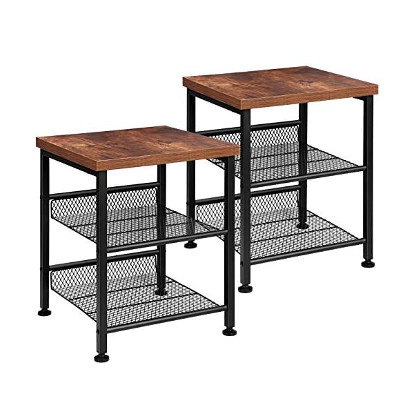 TomCare 2 Pack End Table Nightstands 3 Tier Side Tables Set Night Stands with Metal Mesh Storage Shelves Industrial Night Tables with Metal Frame Solid Wood Small Tables for Living Room Bedroom