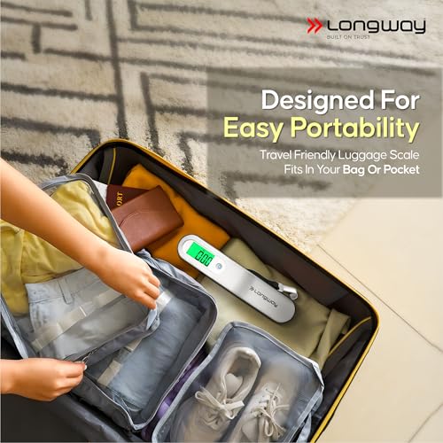 Image of Longway Traveltare Digital Portable Luggage Weighing Scale | LCD Display for Accurate Measurements | Lifetime Replacement | Weighing Scale for Home, Travel, Flights & Bags (Silver, 50 kg)
