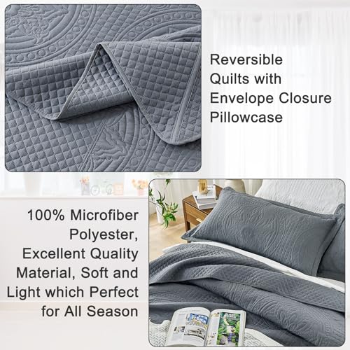 Image of Qucover Alaska King Bedspread 132x 120, Oversized King Bedspread, 3 Piece Soft Microfiber Lightweight Extra Wide King Size Quilts Oversized Comforter Set, Vintage Persian Pattern, Dark Grey
