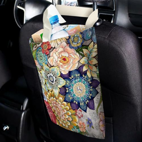Image of Boho Floral Car Trash Bags - Hanging, One-handed Strap, Cute Printed, Small Garbage Bags for Car Back Seat Accessories