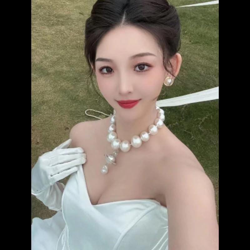 Pearl Necklaces of Saturn for Women - Punk Pearl Chain Saturn Pendant Necklace(Silver)