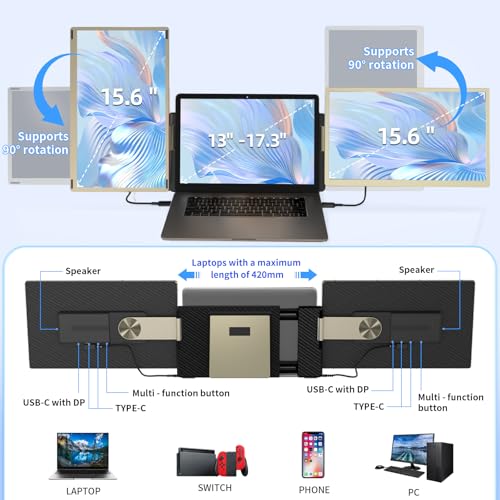 Image of 15.6 inch Laptop Screen Extender, FHD 1080P IPS Triple Monitor Extender, Detachable Portable Monitor for Laptop 13-17.3 inch,Plug-Play Portable Screen Compatible with MacOS /Windows /Phone