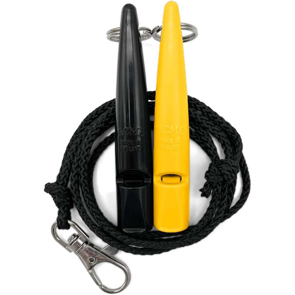ACME Silbato para perros n.º 211,5 con banda de silbato, en paquete doble, 2 silbatos con 2 cintas, ideal para la devolución de llamada – ruidoso y de largo alcance (negro + amarillo)