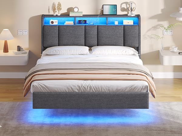 AOGLLATI Lit Double 140×200 avec Multiprise & Éclairage LED,Tête de lit Rembourrée avec...