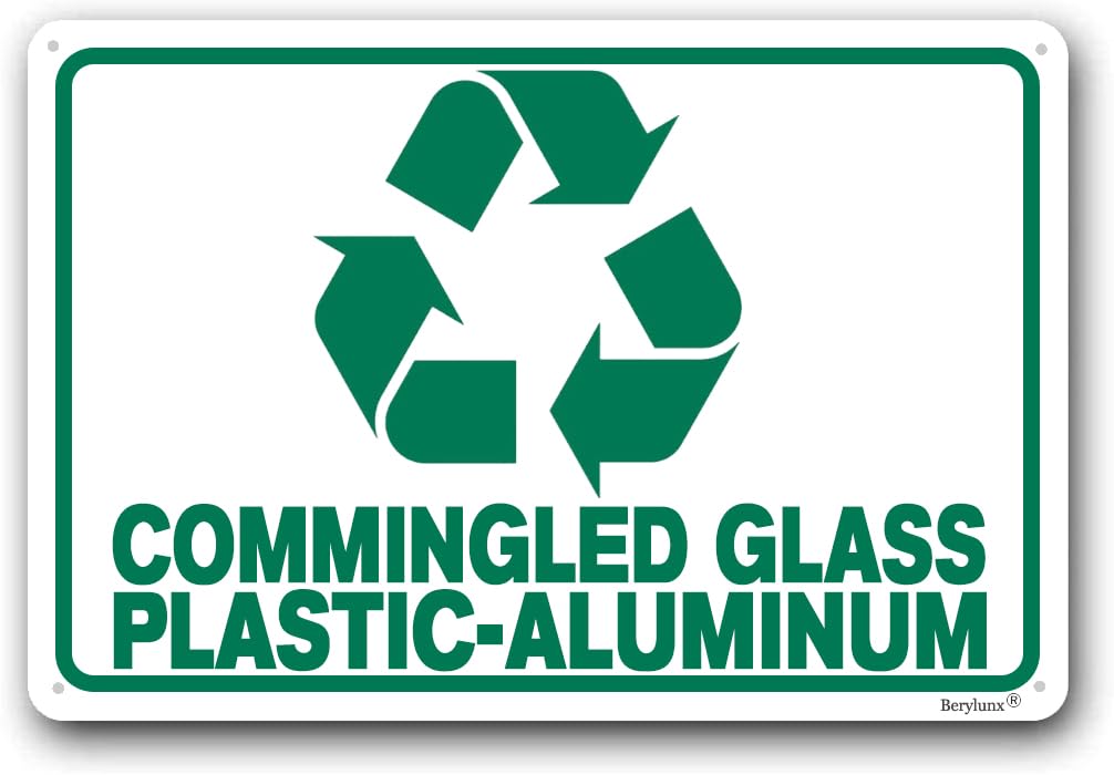 (2-Pack) Metal Tin Sign Recycle Signs,Home No Trash Sign,No Trash Sign, Recycle Signs For Home Business Office, "Commingled Glass Plastic-Aluminum " 8"x12" Aluminum Sign