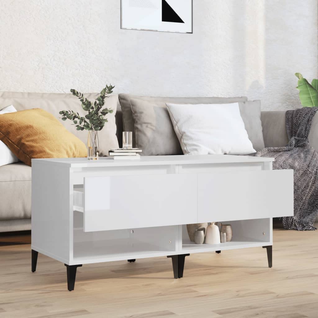 Stoliki pomocnicze 2 szt. biały wysoki połysk 50 x 46 x 50 cm materiał drewnopochodny z szufladą i półką do przechowywania, przemysłowy stolik kawowy z metalowymi nóżkami i uchwytem ściennym