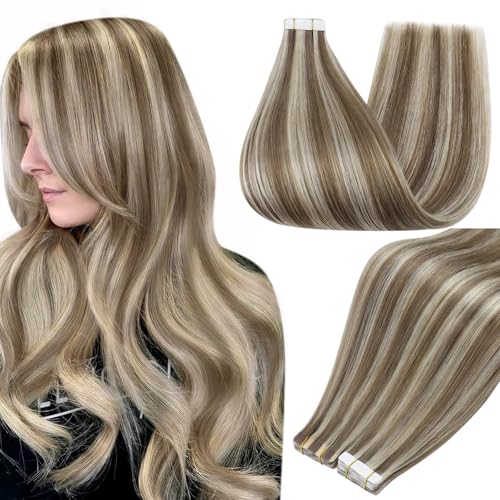 Full Shine Long Tape in Hair Extensions Human Hair Color 8P60 Ash Brown Highlighted Platinum Blonde Real Human Hair 22Inch Seamless Tape in Extensions 100G 40Pcs for Natural Blend