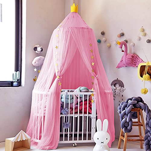 Image of Jolitac Princess Bed Canopy, Room Decor Round Lace Mosquito Net Play Tent Reading Nook Canopies Yarn Dome Netting Castle (Rose)