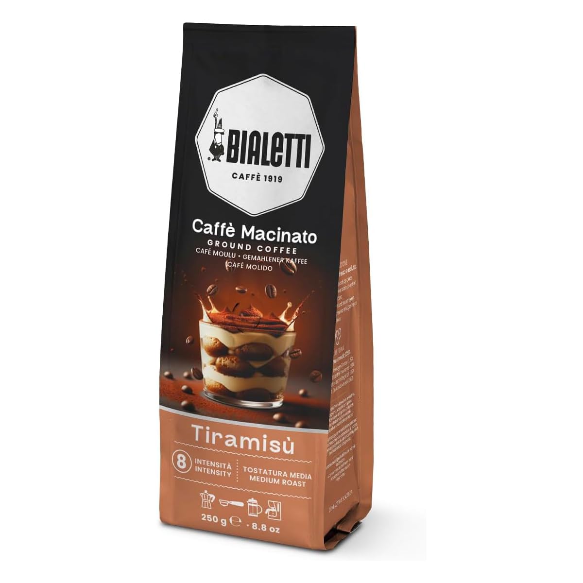 BIALETTI Caffè Macinato Perfetto Moka, 6 Sacchetti da 250 Grammi, Caramello, Tiramisù, Nocciola, Cioccolato, Intenso, Pregiato