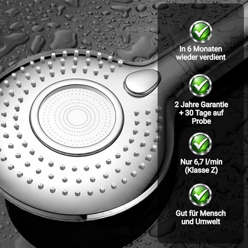 Vitasense Duschkopf mit Filter - Regendusche mit Kalkfilter, 3 Wassersparstufen, Universal Shower Head mit hoher Wasserdruck, Wassersparender Duschkopf, Shower Filter, Chroom
