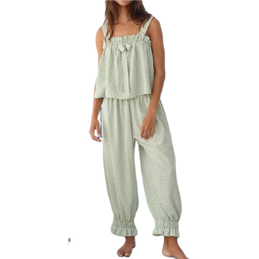 Image of FEORJGP Womens 2 Peice Pajamas Set Outfit Polka Dots Print Cami Top with Long Pants 2Pcs Ruffle Pjs Sleepwear Loungewear Set