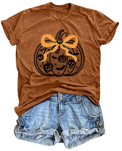Halloween Pumpkin Shirt Women Leopard Graphic Tees Short Sleeve Fall T-Shirt Thanksgiving Gift Tops Brown