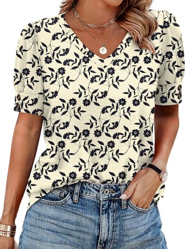 Image of OFEEFAN Womens Tops Short Sleeve Shirts Buttons V Neck Spring Fashion Summer Outfits Plus Size Blouses Dressy Casual