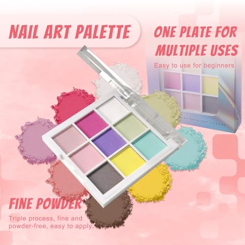 Image of 9 Colors Pigment Powder for Nails, Nail Pigment Powder Palette Set and Nail Art Sponges with Grabbing Pen, Ombre Aura Pigmentos para Unas, Manicure Tools Accessories, C