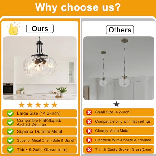 Image of Modern Pendant Lights Kitchen Island, 3-Light Black Pendant Light Fixtures with 14.2 inch Clear Hammered Glass Shade, Industrial Hanging Pendant Lights Fixture for Kitchen Island, Dining Room, Entryway