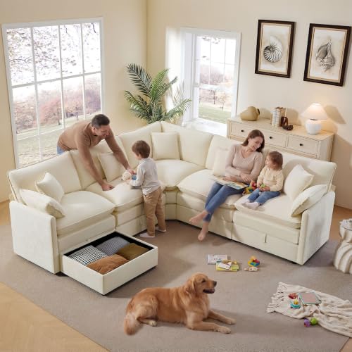 Image of Ihanherry Oversized Modular Sectional Sofa with Storag, 6-Seater V Shaped Cloud Couch with Movable Ottomans, Chenille Deep Seat Corner Couches for Living Room (Beige)