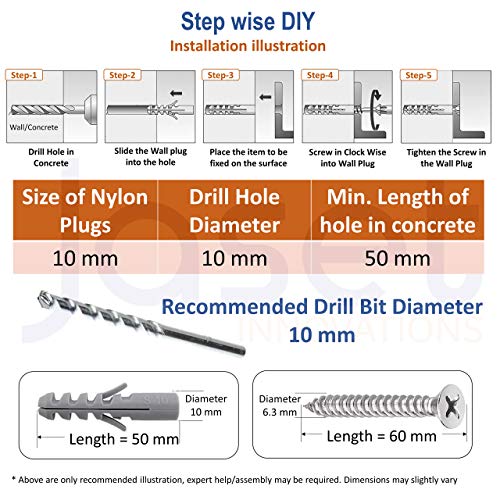 Image of 10 mm Diameter Nylon Dry Wall Rawl Plugs /Gitti, Stainless Steel Screws Flat Phillips Head Counter Sunk (CSK) Type and Washers (Set of 10 - Total 30 pc pack)