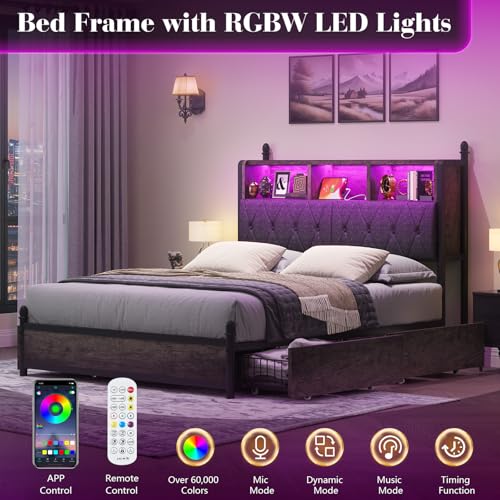 Queen-Bed-Frame-with-2-Tier-Storage-Headboard-Metal-LED-Platform-Bed-with-4-Storage-Drawers-Tufted-Linen-Upholstered-Hidden-Areas-and-Charging-Station-No-Box-Spring-NeededRustic-Grey Queen Bed Frame with 2 Tier Storage Headboard Metal LED Platform Bed with 4 Storage Drawers Tufted Linen Upholstered Hidden Areas and Charging Station No Box Spring NeededRustic Grey
